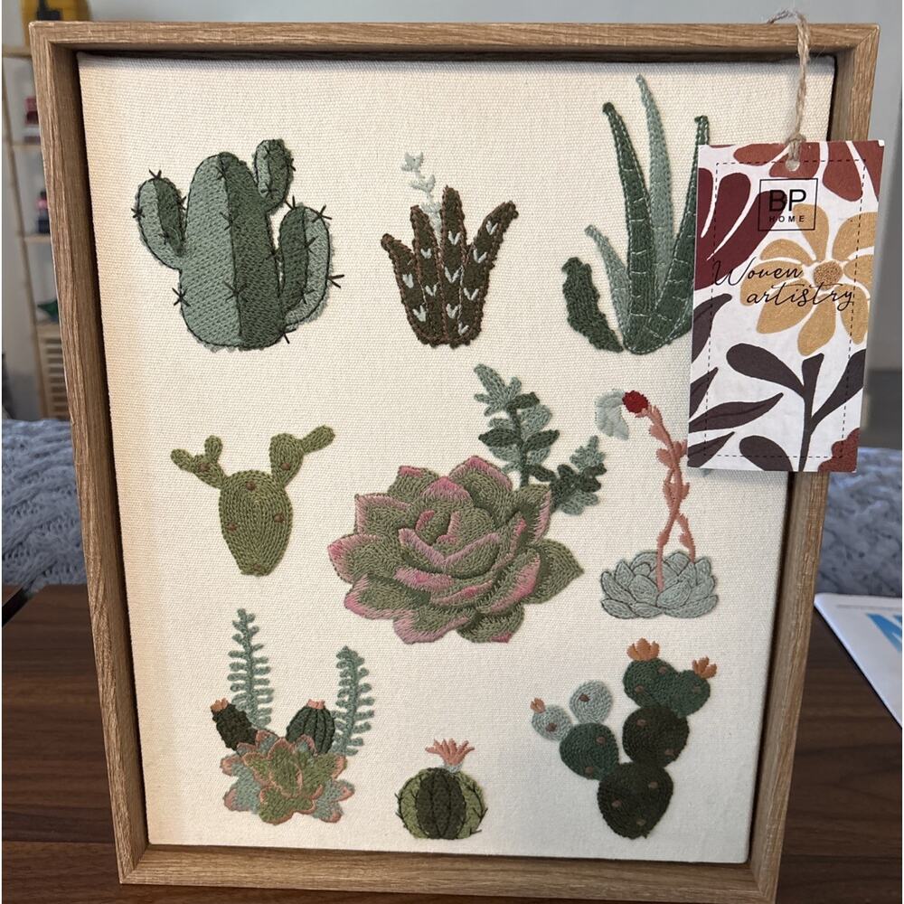 New BP Home Textile Embroidery Woven Artistry Wall Art Cactus Succulent 15”x12”